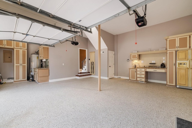 garage with electric panel, water heater, and a garage door opener