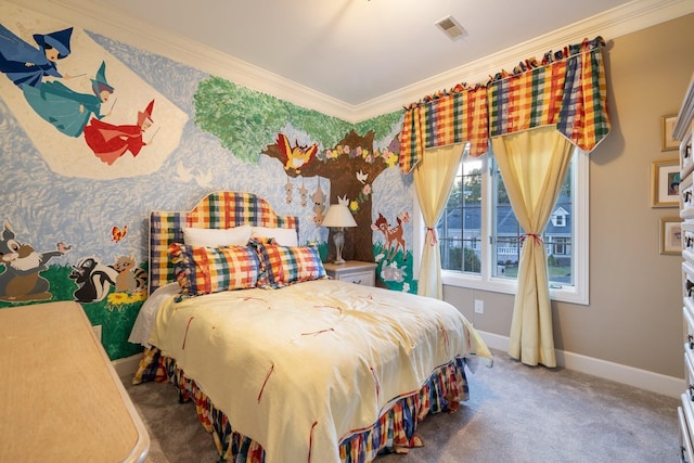 bedroom featuring dark carpet and ornamental molding