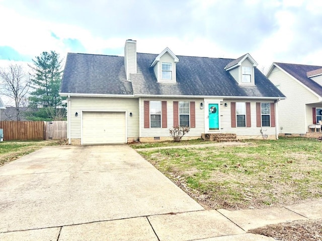 cape cod house featuring a garage and a front lawn