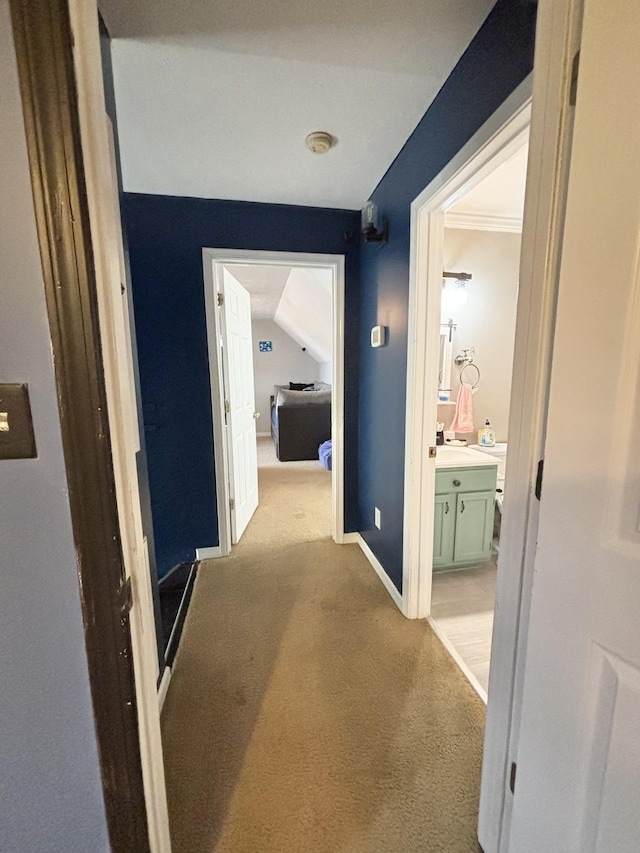 hall featuring crown molding and light colored carpet