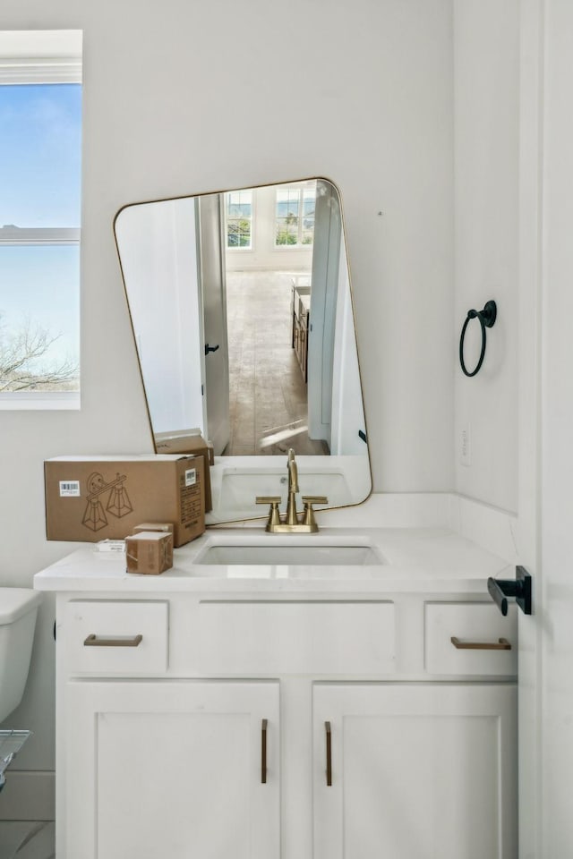 bathroom with vanity, toilet, and a wealth of natural light