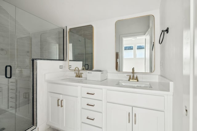 bathroom featuring vanity and a shower with shower door