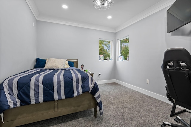 carpeted bedroom with crown molding