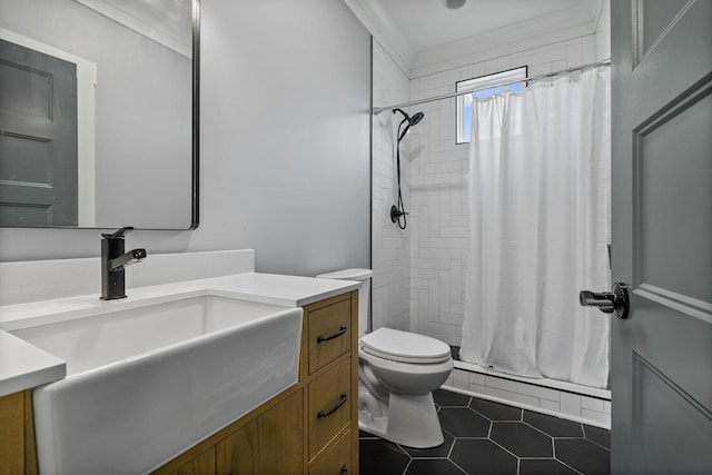 bathroom featuring tile patterned flooring, vanity, toilet, and a shower with shower curtain