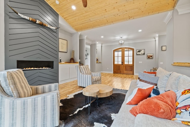 living room with french doors, light wood-type flooring, crown molding, wooden ceiling, and lofted ceiling