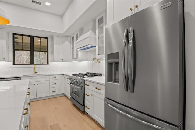 kitchen featuring sink, custom exhaust hood, white cabinetry, stainless steel appliances, and backsplash