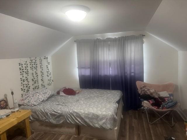 bedroom with dark hardwood / wood-style floors and lofted ceiling