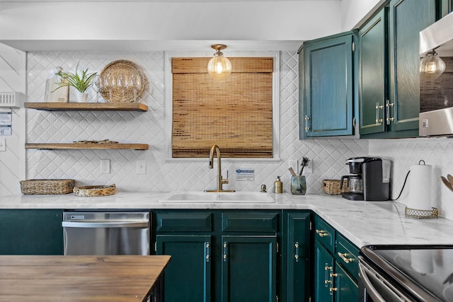 kitchen featuring backsplash, green cabinets, sink, stainless steel dishwasher, and light stone countertops