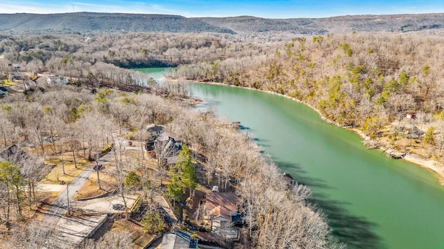 bird's eye view with a water and mountain view