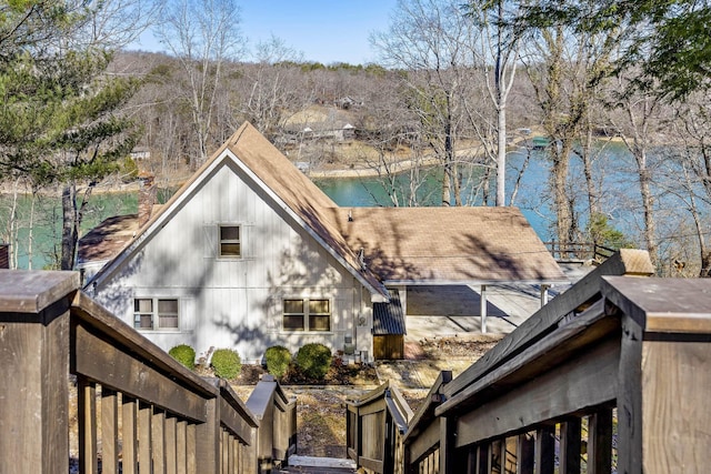 exterior space with a water view