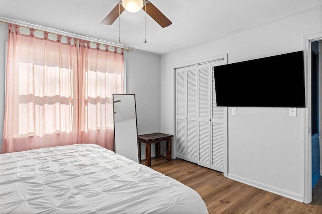 bedroom with hardwood / wood-style floors, a closet, and ceiling fan