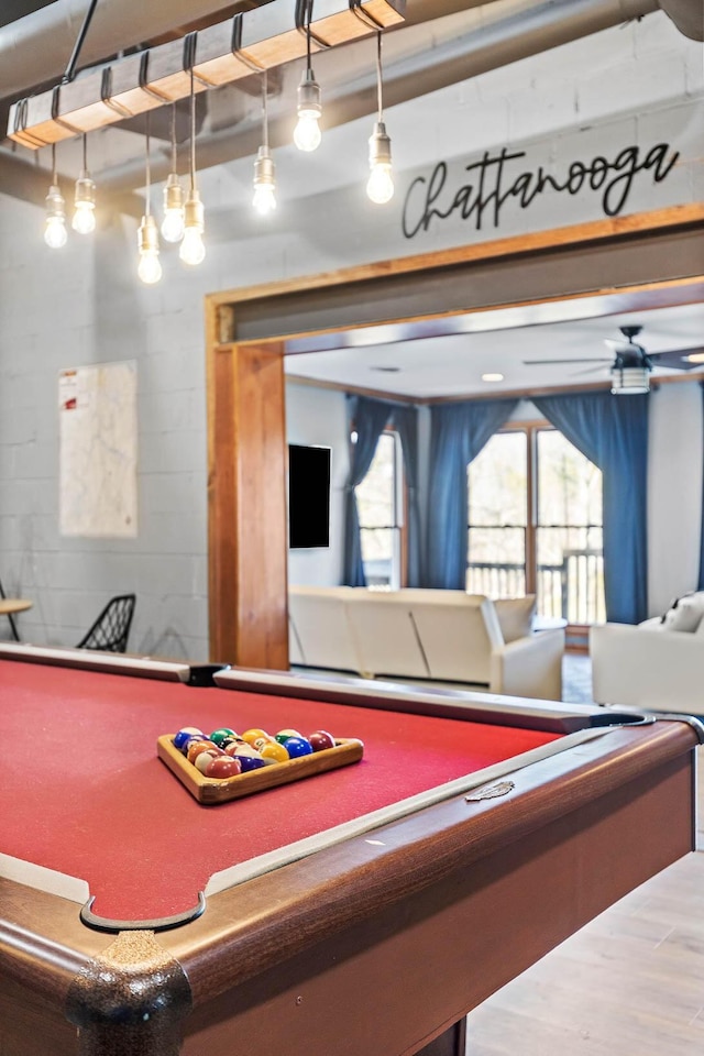 game room featuring ceiling fan, wood-type flooring, and pool table