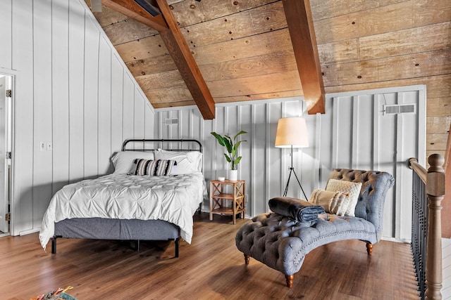 bedroom featuring vaulted ceiling with beams, hardwood / wood-style flooring, wood walls, and wood ceiling