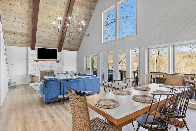 dining space featuring high vaulted ceiling, a stone fireplace, light wood-type flooring, beamed ceiling, and wood ceiling