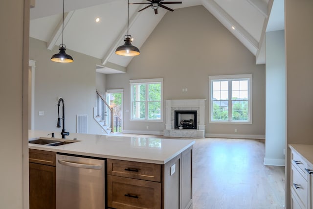 kitchen with ceiling fan, sink, hanging light fixtures, high vaulted ceiling, and stainless steel dishwasher