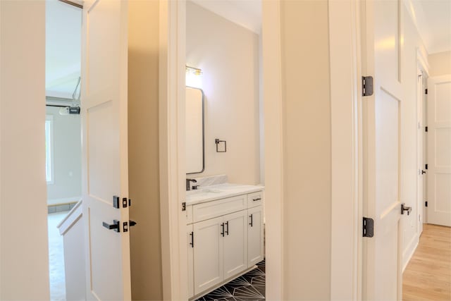 bathroom with hardwood / wood-style floors and vanity