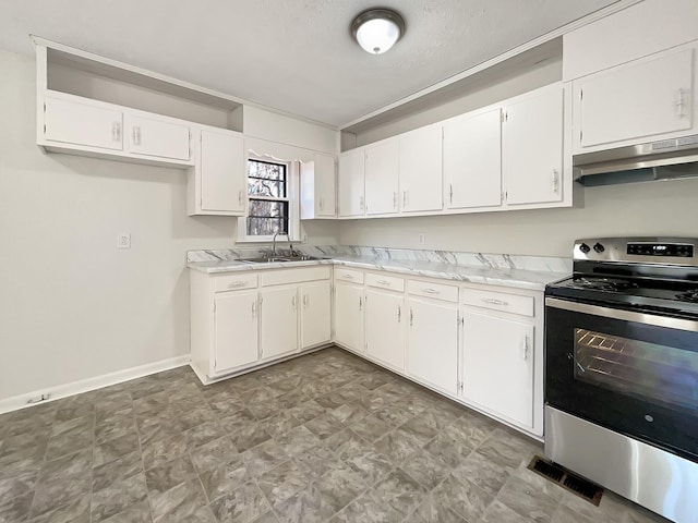 kitchen with white cabinetry, sink, light stone counters, extractor fan, and stainless steel electric stove