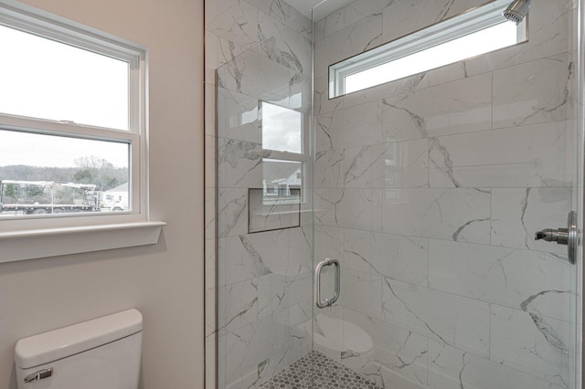 bathroom with toilet and an enclosed shower