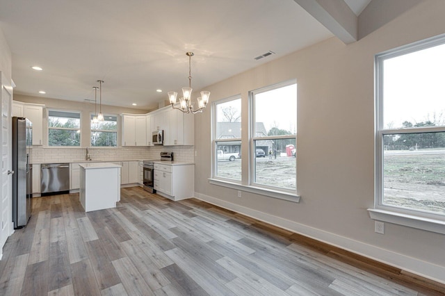 kitchen with pendant lighting, a center island, sink, appliances with stainless steel finishes, and white cabinetry