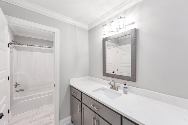 bathroom with crown molding, vanity, and shower / bathtub combination with curtain