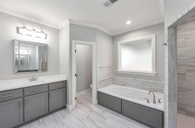 full bathroom with independent shower and bath, ornamental molding, vanity, and toilet