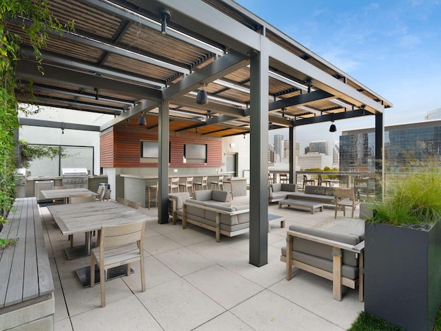 view of patio / terrace with an outdoor hangout area, area for grilling, a pergola, and a grill