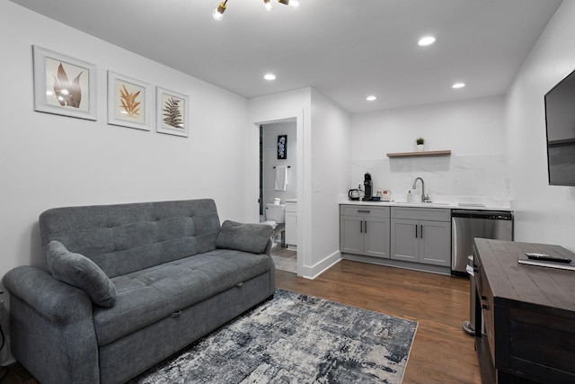 living room with sink and dark hardwood / wood-style flooring