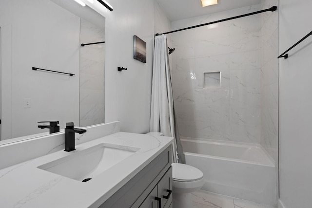 full bathroom with toilet, shower / bathtub combination with curtain, and vanity