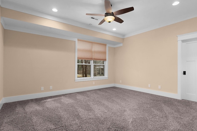 spare room with carpet flooring, ceiling fan, and crown molding