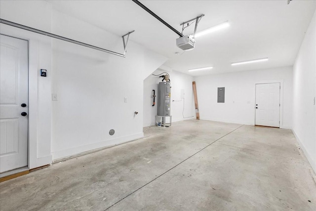 garage with electric panel, electric water heater, and a garage door opener