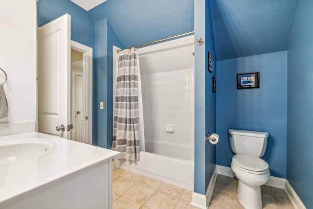 full bathroom featuring tile patterned floors, vaulted ceiling, toilet, vanity, and shower / tub combo