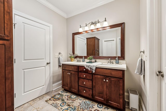 bathroom with vanity, tile patterned floors, and crown molding