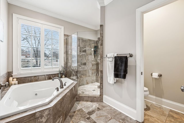 bathroom with toilet, plus walk in shower, and ornamental molding