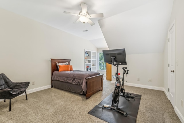 carpeted bedroom with ceiling fan and lofted ceiling