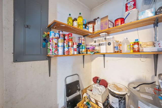 pantry with electric panel and heating unit