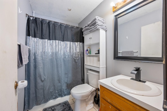 bathroom featuring curtained shower, tile patterned floors, a textured ceiling, toilet, and vanity