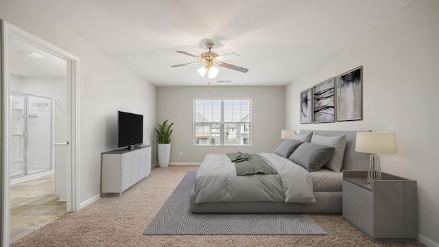 bedroom featuring ceiling fan and light colored carpet