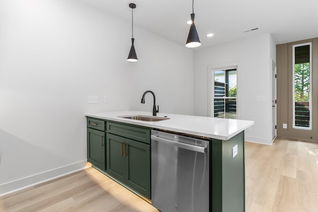 kitchen featuring dishwasher, kitchen peninsula, green cabinets, and sink