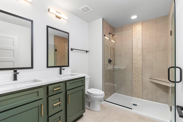 bathroom with tile patterned flooring, vanity, toilet, and a shower with door