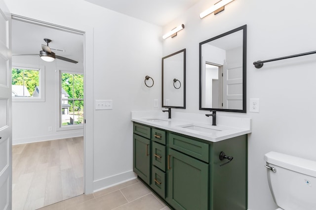 bathroom with vanity, hardwood / wood-style flooring, toilet, and ceiling fan