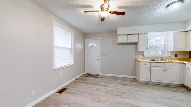 kitchen with white cabinets, a healthy amount of sunlight, light hardwood / wood-style floors, and sink