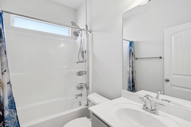 full bathroom with vanity, shower / bathtub combination with curtain, and toilet