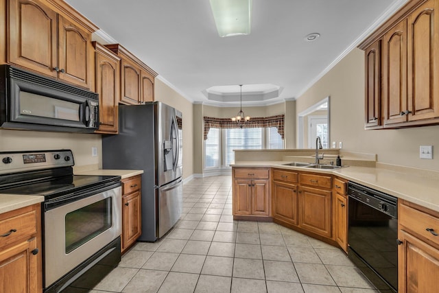 kitchen with black appliances, sink, ornamental molding, light tile patterned flooring, and a chandelier