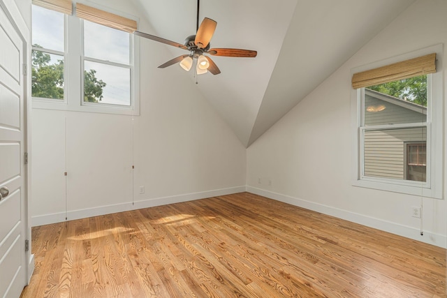 bonus room with ceiling fan, vaulted ceiling, and light hardwood / wood-style flooring