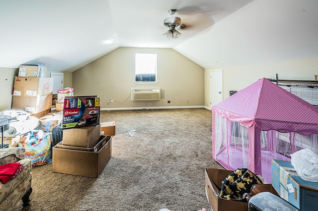 additional living space featuring ceiling fan, lofted ceiling, a wall mounted air conditioner, and carpet flooring