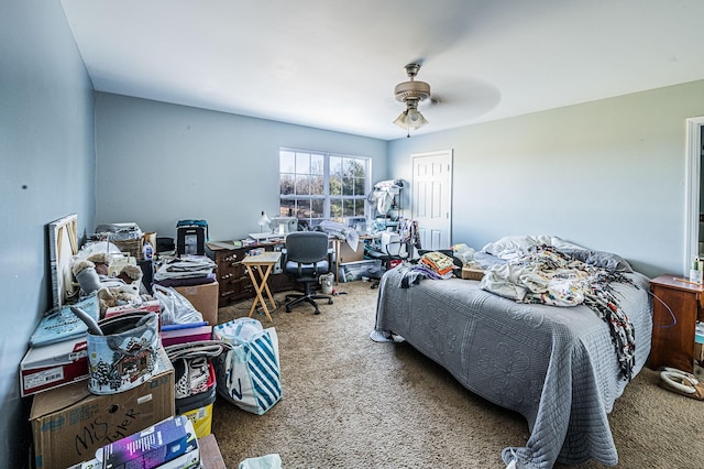 bedroom featuring carpet, ceiling fan, and a closet