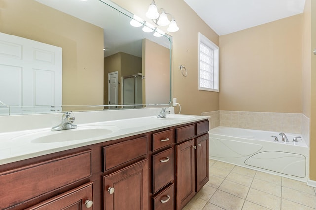 bathroom with tile patterned flooring, vanity, and plus walk in shower