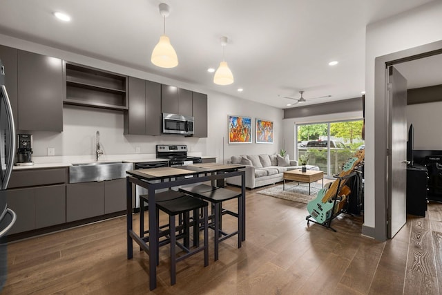 kitchen featuring appliances with stainless steel finishes, dark hardwood / wood-style flooring, ceiling fan, and sink