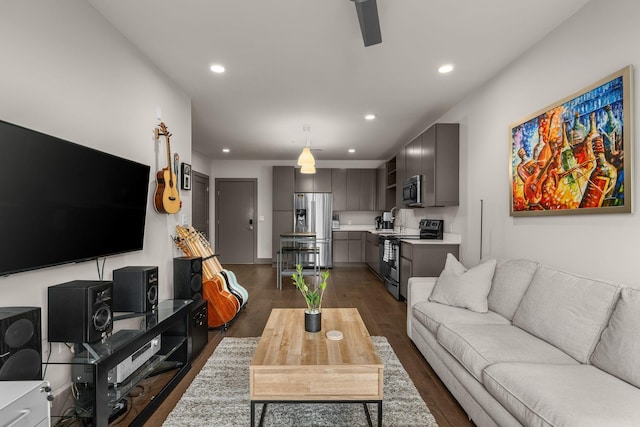 living room with dark hardwood / wood-style flooring