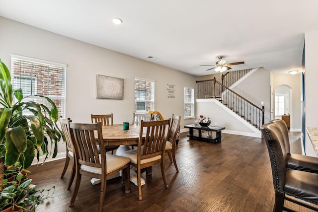 dining area with a wealth of natural light, ceiling fan, and dark wood-type flooring